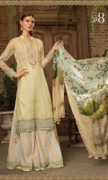 Printed front and back  Embroidered chiffon sleeves Embroidered neckline  Embroidered ghera patti Printed trouser  Digital printed silk dupatta  Swarovski buttons