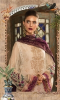 Schiffli embroidered front  Printed back  Schiffli embroidered chiffon sleeves  Embroidered neckline  Embroidered ghera patch  Embroidered ghera patti Embroidered sleeve patch  Embroidered sleeve patti  Printed trouser  Jacquard dupatta