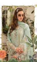 Printed front, back and sleeves  Embroidered neckline  Embroidered ghera patti  Embroidered and embellished ghera Patti with pearls  Embroidered sleeve patti  Printed trouser  Embroidered trouser patch  Organza embroidered dupatta  Embroidered dupatta pallu