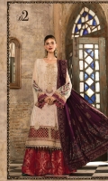 Schiffli embroidered front  Printed back  Schiffli embroidered chiffon sleeves  Embroidered neckline  Embroidered ghera patch  Embroidered ghera patti Embroidered sleeve patch  Embroidered sleeve patti  Printed trouser  Jacquard dupatta
