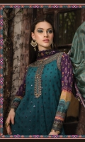 Net embroidered front  Net embroidered back  Printed sleeves  Dyed undershirt  Embroidered neckline  Embroidered ghera patch  Embroidered ghera patti 1 Embroidered ghera patti 2 Embroidered sleeve patti  Cambric trouser  Embroidered trouser patti  Printed silk dupatta Embroidered shoulder patch