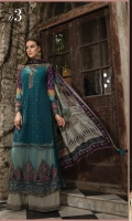 Net embroidered front  Net embroidered back  Printed sleeves  Dyed undershirt  Embroidered neckline  Embroidered ghera patch  Embroidered ghera patti 1 Embroidered ghera patti 2 Embroidered sleeve patti  Cambric trouser  Embroidered trouser patti  Printed silk dupatta Embroidered shoulder patch