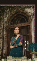 Net embroidered front  Net embroidered back  Printed sleeves  Dyed undershirt  Embroidered neckline  Embroidered ghera patch  Embroidered ghera patti 1 Embroidered ghera patti 2 Embroidered sleeve patti  Cambric trouser  Embroidered trouser patti  Printed silk dupatta Embroidered shoulder patch