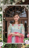Printed front and back  Printed trouser  Embroidered and embellished neckline with pearls  Embroidered and embellished sleeve patch  Embroidered pearl sleeve patti Embroidered ghera patti Schiffli embroidered chiffon dupatta  Digital printed dupatta pallu