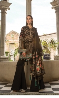 Printed shirt  Embroidered yoke  Embroidered sleeves Embroidered chiffon sleeves with pearls  Embroidered neckline  Dyed trouser  Embroidered net dupatta  Jacquard dupatta patti