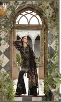 Printed shirt  Embroidered yoke  Embroidered sleeves Embroidered chiffon sleeves with pearls  Embroidered neckline  Dyed trouser  Embroidered net dupatta  Jacquard dupatta patti