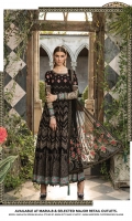 Printed shirt  Embroidered yoke  Embroidered sleeves Embroidered chiffon sleeves with pearls  Embroidered neckline  Dyed trouser  Embroidered net dupatta  Jacquard dupatta patti