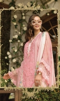 Net embroidered centre panel  Printed cotton net shirt  Embellished neck patti with pearls  Embroidered panel patch  Embroidered ghera patti  Embroidered sleeve patti Embroidered ghera and sleeve patti  Digital printed silk dupatta  Cambric trouser