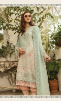Printed front, back and sleeves  Embroidered neckline  Embroidered ghera patti  Embroidered and embellished ghera Patti with pearls  Embroidered sleeve patti  Printed trouser  Embroidered trouser patch  Organza embroidered dupatta  Embroidered dupatta pallu
