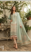 Printed front, back and sleeves  Embroidered neckline  Embroidered ghera patti  Embroidered and embellished ghera Patti with pearls  Embroidered sleeve patti  Printed trouser  Embroidered trouser patch  Organza embroidered dupatta  Embroidered dupatta pallu