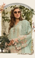Printed front, back and sleeves  Embroidered neckline  Embroidered ghera patti  Embroidered and embellished ghera Patti with pearls  Embroidered sleeve patti  Printed trouser  Embroidered trouser patch  Organza embroidered dupatta  Embroidered dupatta pallu