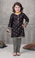 3 piece shirt trouser and dupatta Black self printed full embroidered shirt Screen printed pati on sleeves Black screen printed cambric trouser Mustard chiffon dupatta Embellished with buttons