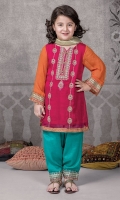 3 piece shirt shalwar and dupatta Pink chiffon embroiderd shirt with embroidered orange chiffon slevess Green grip shalwar Gold organza dupatta Embellished with pearls and buttons