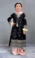 3 Piece Shirt, Trouser,Dupatta Black Self-Printed Embroidered Long Front Open Frock With Jacquard Pink Dhaka Pajama Pink Chiffon Dupatta Embellished With Tassels And Kiran Lace