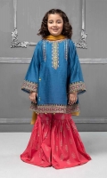 3 piece Frock, Gharara and Dupatta Blue self- printed lawn frock with embroidered pati on hem, sleeves and neckline Pink cambric screen printed gharara Mustard chiffon dupatta Embellished with coins and buttons