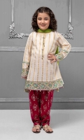 3 piece A-line shirt, Shalwar and Dupatta White jacquard A-line shirt with embroidered pati on sleeves and hem Pink lawn screen printed shalwar Green chiffon dupatta Embellished with pearls and buttons