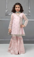 3 piece Angrakha frock, Gharara and Dupatta Pink net angrakha frock with embroidered pati on hem, sleeves and neck Pink grip gharara with blue chiffon dupatta Embellished with kiran lace and tassels