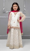 3 piece Lehnga choli and Dupatta White net embroidered shirt with grip screen printed lehnga Pink chiffon dupatta Embellished with buttons, pearls and kiran lace
