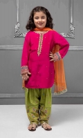 3 piece Shirt, Shalwar and Dupatta Pink grip shirt with embroidered pati on neck and sleeves Green grip embroidered shalwar Orange chiffon dupatta Embellished with pearls, sequences and buttons.