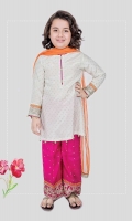 3 piece Shirt, trouser and dupatta White grip screen printed shirt with embroidered patti on sleeves Pink grip embroidered trouser with orange net dupatta Embellished with buttons, kiran lace and tilla balls