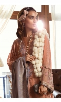 Plushy front, back & sleeves Linen undershirt Organza embroidered neckline Organza embroidered ghera and sleeve patti I Organza embroidered sleeve patti II Woven linen jaquard shawl Velvet embroidered dupatta patti Linen trouser