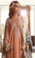 Plushy front, back & sleeves Linen undershirt Organza embroidered neckline Organza embroidered ghera and sleeve patti I Organza embroidered sleeve patti II Woven linen jaquard shawl Velvet embroidered dupatta patti Linen trouser
