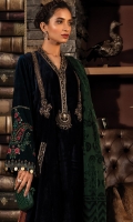 Velvet front and back Velvet plain sleeves I Velvet embroidered sleeves II Velvet embroidered neckline patti Velvet embroidered neckline motif Velvet embroidered pocket lace Velvet embroidered ghera lace Velvet embroidered sleeve lace Velvet embroidered shoulder patch Printed linen trouser Plushy shawl