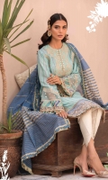 Jacquard front, back and sleeves Embroidered Lawn neckline Embroidered organza sleeve lace Embroidered sleeves patches Embroidered patches for front Embroidered ghera lace Khaddi net dupatta Dyed cambric trouser