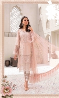 Jaquard front, back and sleeves Embroidered neckline Embroidered neckline patti with pearls Schiffli centre panel for front Embroidered front motifs Embroidered ghera patch Embroidered ghera lace Embroidered sleeves lace Embroidered sleeves patches Embroidered net dupatta Printed cambric trouser