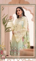 Printed broochia front, back and sleeves Embroidered neckline I Embroidered neckline II Schiffli front centre panel Embroidered lawn sleeves Embroidered sleeves patches Embroidered sleeves lace Embroidered ghera lace I Embroidered ghera lace II Printed cambric trouser Embroidered patches for trouser