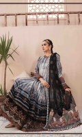 Printed jacquard front, back and sleeves Embroidered neckline Embroidered ghera lace I Embroidered ghera lace II Printed sleeve patches Embroidered sleeves lace Embroidered net dupatta Printed dupatta pallu Printed dupatta patti Dyed cambric trouser