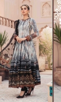 Printed jacquard front, back and sleeves Embroidered neckline Embroidered ghera lace I Embroidered ghera lace II Printed sleeve patches Embroidered sleeves lace Embroidered net dupatta Printed dupatta pallu Printed dupatta patti Dyed cambric trouser