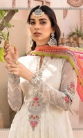 Embroidered net front, back and sleeves Embroidered neckline Embroidered sleeves motifs II Embriodered sleeves lace Dyed lawn undershirt Dyed cambric trouser Embroidered ghera lace I Embroidered ghera lace II Printed dupatta
