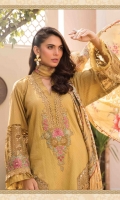 Brochia front, back and sleeves Embroidered neckline Embroidered front patch Embroidered ghera lace Embroidered ghera patch left and right Dyed cambric trouser Printed tissue silk dupatta Embroidered sleeves patti Embroidered sleeves Patches Embroidered ghera and sleeves lace