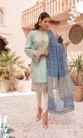Jacquard front, back and sleeves Embroidered Lawn neckline Embroidered organza sleeve lace Embroidered sleeves patches Embroidered patches for front Embroidered ghera lace Khaddi net dupatta Dyed cambric trouser