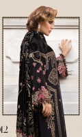 Linen modal jacquard front Printed linen back Embroidered linen sleeves Embroidered laser sleeve patches Embroidered velvet sleeve patches Embroidered velvet neckline Linen trouser Plushy shawl Embroidered shawl patti