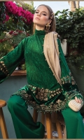 Printed linen front, back and sleeves Plain linen trouser Embroidered velvet ghera patch Embroidered velvet sleeve patches Woven shawl with Four sided jacquard patti