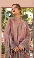 Hand woven front , back and sleeves Plain linen trouser Embroidered velvet neckline patti Embroidered velvet sleeve patti Embroidered velvet ghera patti Embroidered plushy shawl