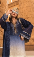 Shaded woven jacquard lawn front and back Embroidered woven jacquard lawn sleeves Jute embroidered neckline Patti with pearls Embroidered neckline Burnout embroidered ghera patch Burnout embroidered sleeve patch Printed lawn sleeve patti Printed cambric trouser Jacquard chiffon dupatta
