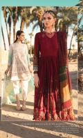 Printed crinkle lawn front and back Embroidered lawn yoke front Embroidered printed lawn sleeves Printed lawn sleeve patti Embroidered organza ghera patti Woven khaddi dupatta Embroidered dupatta schiffli cutwork edge lace Dyed cambric trouser