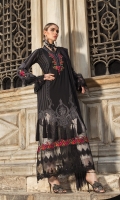 Printed lawn front Printed lawn back Embroidered lawn sleeves Embroidered organza neck patti Embroidered organza neckline Embroidered organza ghera patti embroidered organza ghera and sleeve patti Printed cambric trouser Embroidered organza trouser patch embroidered organza trouser patti Embroidered chiffon printed dupatta