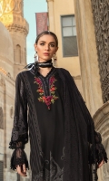 Printed lawn front Printed lawn back Embroidered lawn sleeves Embroidered organza neck patti Embroidered organza neckline Embroidered organza ghera patti embroidered organza ghera and sleeve patti Printed cambric trouser Embroidered organza trouser patch embroidered organza trouser patti Embroidered chiffon printed dupatta