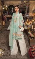 Printed lawn front Printed lawn back Embroidered lawn sleeves Embroidered organza neck patti Embroidered organza neckline Embroidered organza ghera patti embroidered organza ghera and sleeve patti Printed cambric trouser Embroidered organza trouser patch embroidered organza trouser patti Embroidered chiffon printed dupatta
