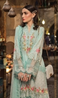 Printed lawn front Printed lawn back Embroidered lawn sleeves Embroidered organza neck patti Embroidered organza neckline Embroidered organza ghera patti embroidered organza ghera and sleeve patti Printed cambric trouser Embroidered organza trouser patch embroidered organza trouser patti Embroidered chiffon printed dupatta