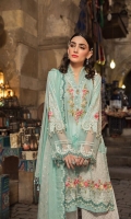 Printed lawn front Printed lawn back Embroidered lawn sleeves Embroidered organza neck patti Embroidered organza neckline Embroidered organza ghera patti embroidered organza ghera and sleeve patti Printed cambric trouser Embroidered organza trouser patch embroidered organza trouser patti Embroidered chiffon printed dupatta