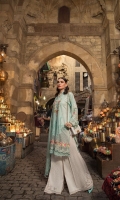 Printed lawn front Printed lawn back Embroidered lawn sleeves Embroidered organza neck patti Embroidered organza neckline Embroidered organza ghera patti embroidered organza ghera and sleeve patti Printed cambric trouser Embroidered organza trouser patch embroidered organza trouser patti Embroidered chiffon printed dupatta