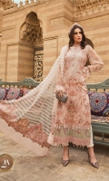 Embroidered printed lawn front Printed lawn back Embroidered printed chiffon sleeves Embroidered ghera lace Schiffli embroidered sleeve lace Schiffli embroidered shoulder lace Printed cambric trouser Woven organza jacquard dupatta Printed cotton satin dupatta pallu Swarovski buttons