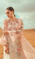 Embroidered lawn front Printed lawn back printed lawn front side panels Printed lawn sleeves Printed cambric trouser Schiffli embroidered ghera lace Embroidered sleeve patti Net embroidered dupatta