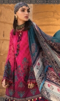 Embroidered printed lawn front Printed lawn back Embroidered chiffon sleeves Printed sleeves and ghera patti Embroidered lawn sleeve patti Dyed cambric trouser Silk printed dupatta Embroidered neck patti