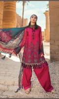 Embroidered printed lawn front Printed lawn back Embroidered chiffon sleeves Printed sleeves and ghera patti Embroidered lawn sleeve patti Dyed cambric trouser Silk printed dupatta Embroidered neck patti